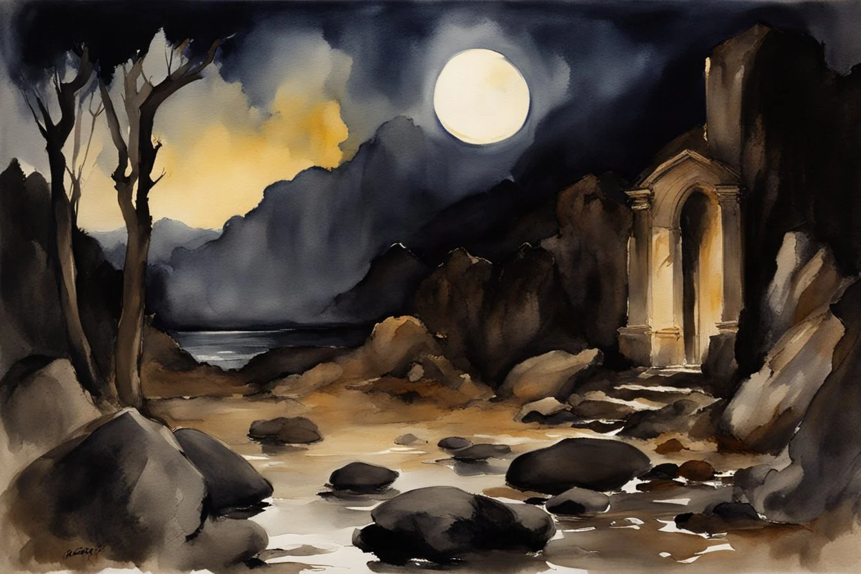 Night, rocks, gothic horror movies influence, mountains, epic, john singer sargent watercolor paintings