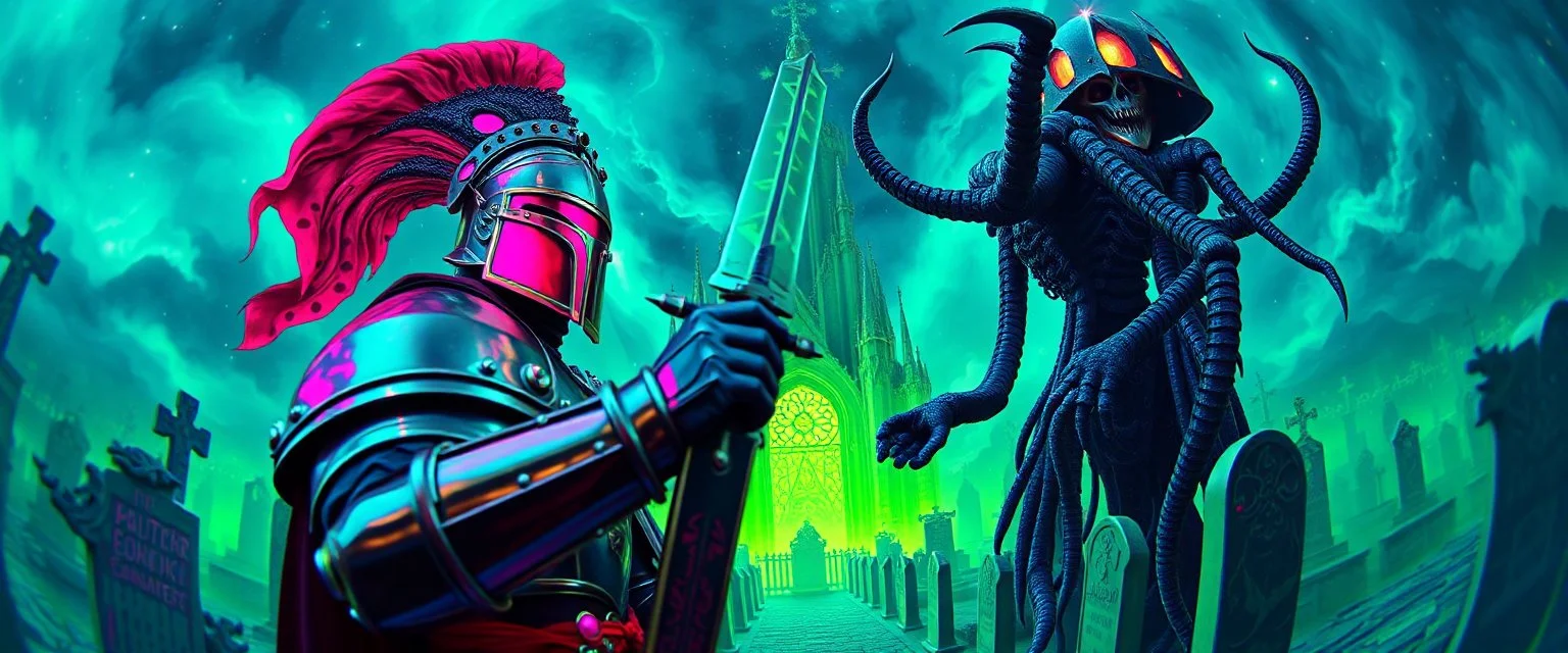 Epic portrait of knighted paladin vs demi-lich in tower cemetery in the style of Giger and Escher in Transparent Psychedelic Fluorescent Colors looking like a Record Cover, multidimensional depth of field, fish eye lense