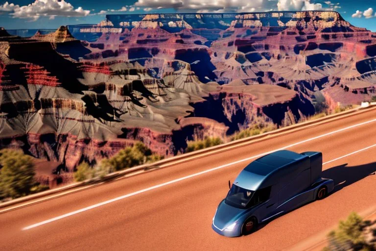 A Tesla 'Semi' (semi truck) is going at a high speed, in the 'Grand Canyon National Park'. (CINEMATIC, WIDE ANGLE LENS, PHOTO REAL)
