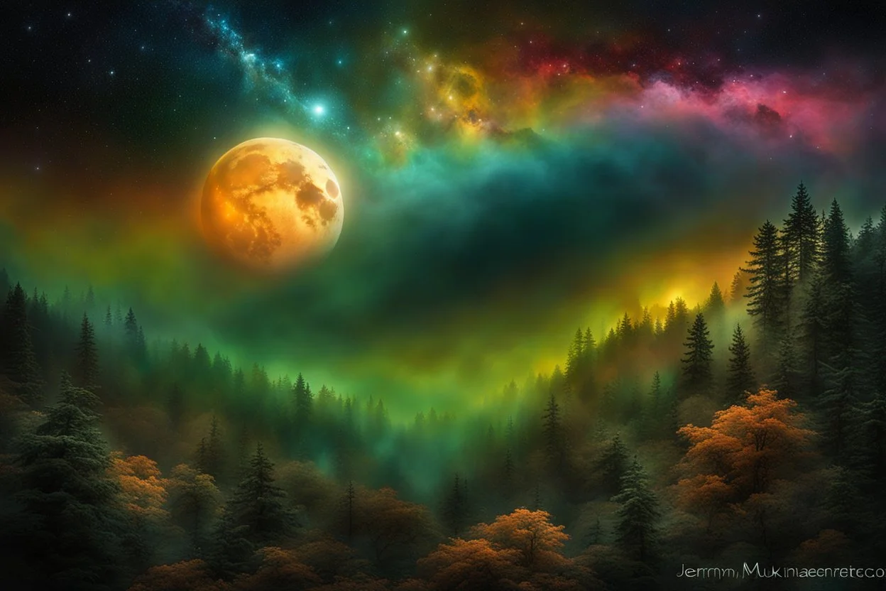 Moon Eclipse Season, fog, blue-yellow-orange-green-pink colors space-universe, with nebula, planets and stars, energy, molecular, textures, iridescent and luminous scales, breathtaking beauty of space, pure perfection, divine presence, unforgettable, impressive, breathtaking beauty of the universe, volumetric light style by Jeremy Mann. Spartak Mukanovski, vanishing point, super highway, digital painting, , Miki Asai photography, close-up, hyper detailed, sharp focus, intricate details, by greg