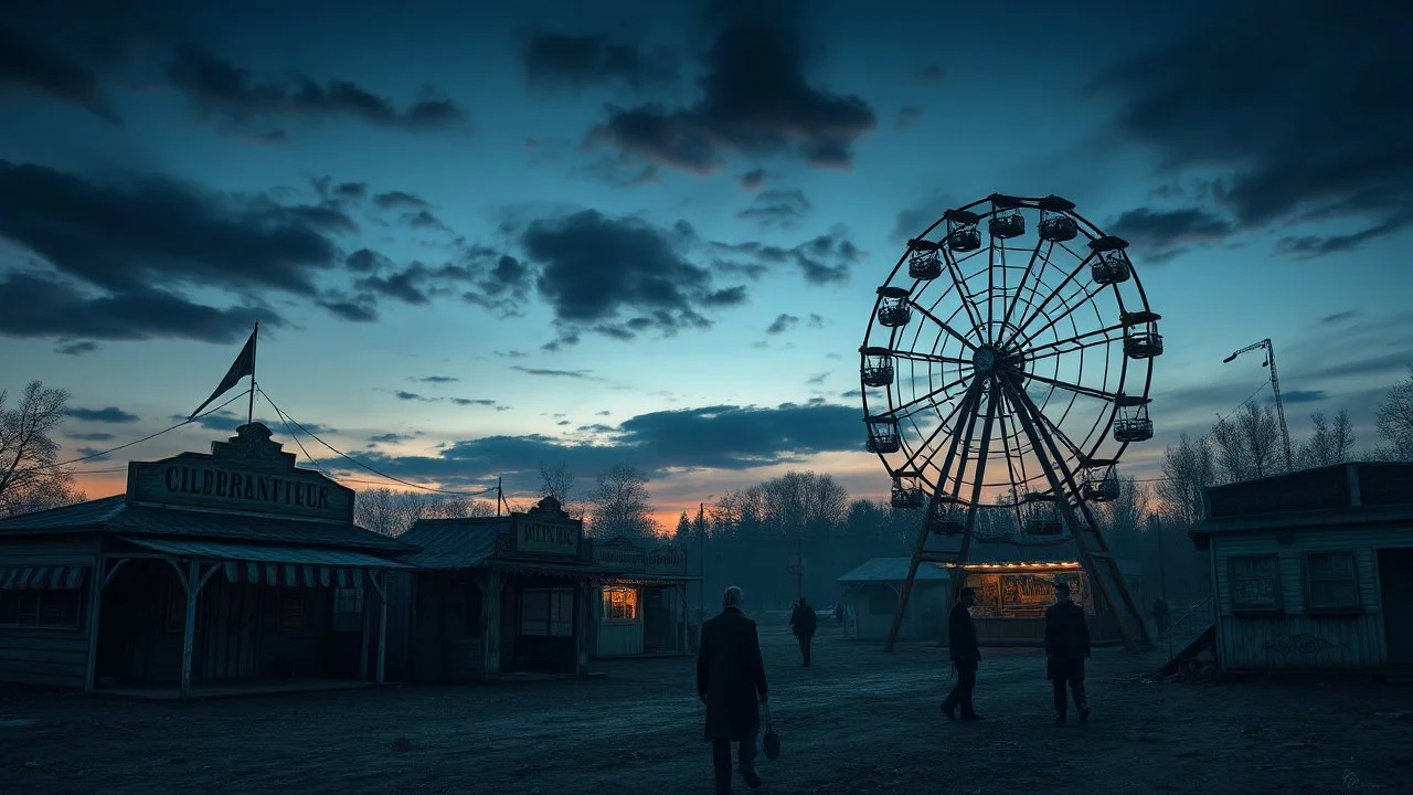 An abandoned fairground at dusk, with rickety wooden booths, faded banners and a rusty Ferris wheel standing like a ghostly sentinel. The atmosphere is eerie and nostalgic. Strange and sinister characters wander aimlessly.