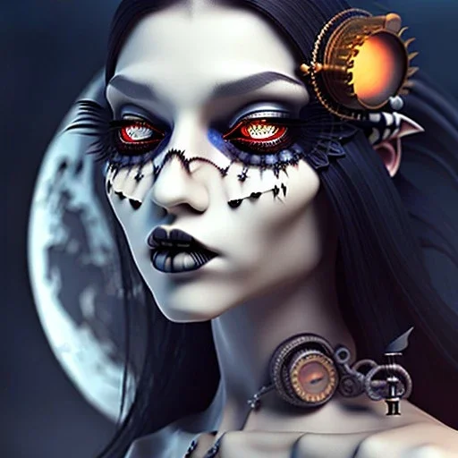 Portrait femme métissée yeux noirs avec des longs cheveux lisses noirs gothique, steampunk, sorcière, lune, 4k