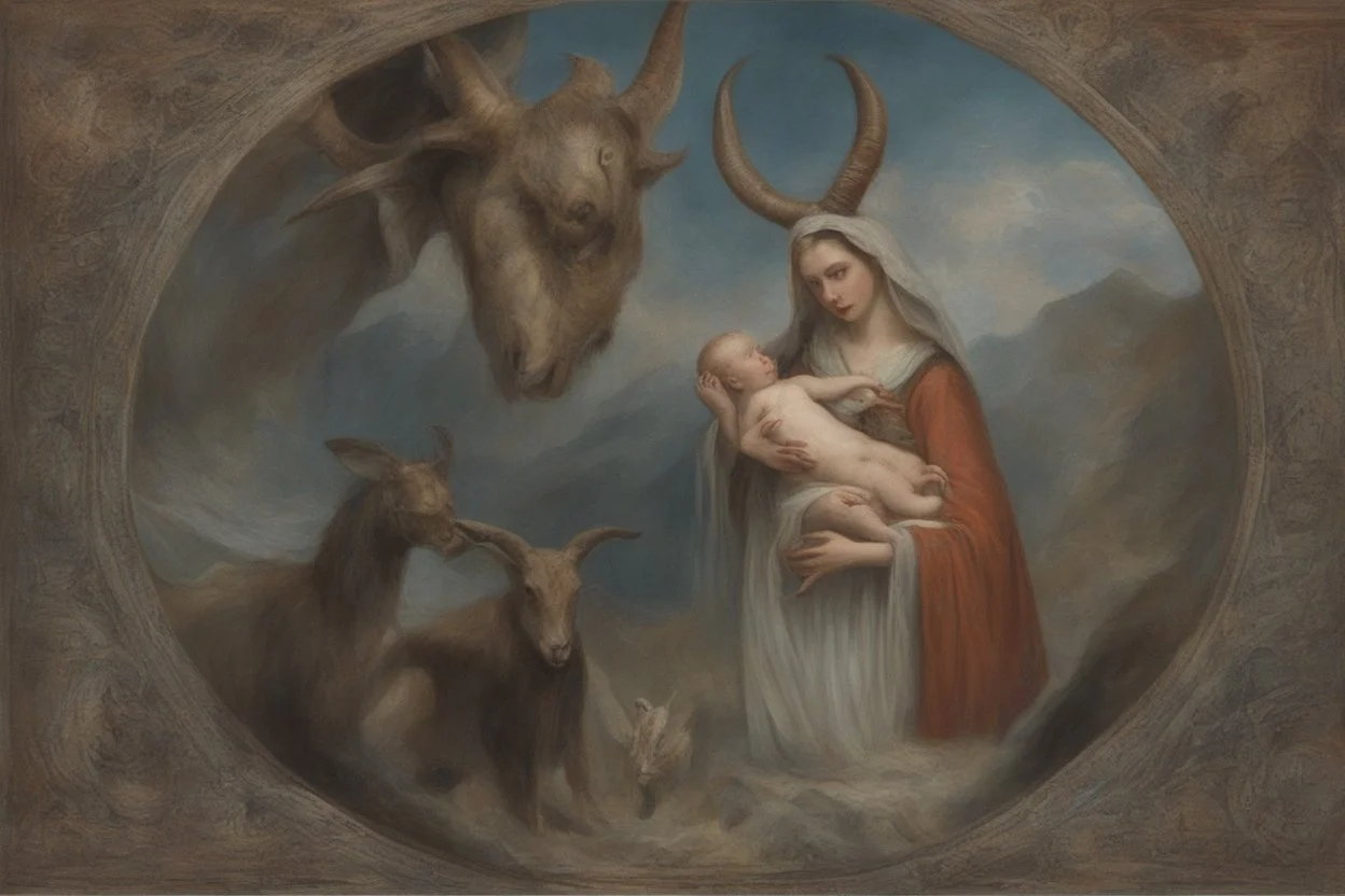 baphomet, woman who's head is that of a goat, she is holding a human child, virgin mary composition