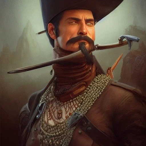 portrait,"Insanely detailed photograph of a eye patch male western mustachioed crossbowman", detailed charro and Sombrero, digital painting, cigar, artstation, concept art, sharp focus, illustration, art by artgerm and greg rutkowski and alphonse mucha, 8 k,fantasy, unreal engine