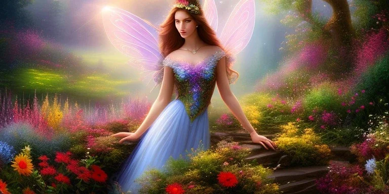 bright fairy, beautiful portrait, flowery landscape