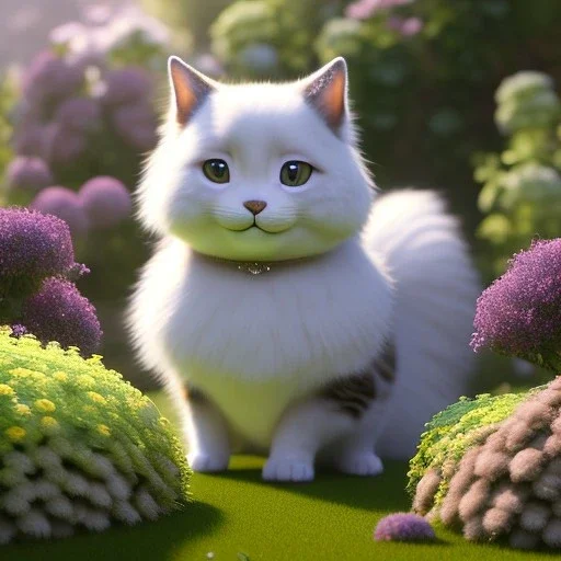 pixar style, volumetric summer garden environment and background, volumetric lighting, dramatic lighting, realistic painting of an cat, looking excited, detailed digital painting, extreme dense and fine fur, anime, ornate, colour-washed colors, elegant, small minutiae, tiny features, particulars, centered, smooth, sharp focus, renderman gofur render, 8k, uhd, detailed eyes, realistic shaded volumetric lighting, sunlight caustics, backlight, centered camera view