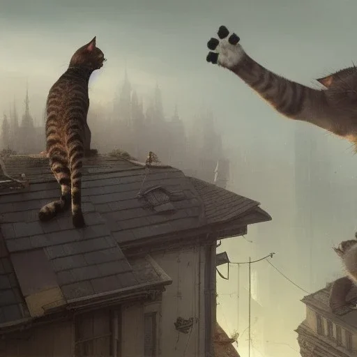 Close up cat on a rooftops under him a crowd, greg rutkowski, matte painting, hyper detailed, felix kelly, Jean Baptiste Monge, architecture croquis drawing