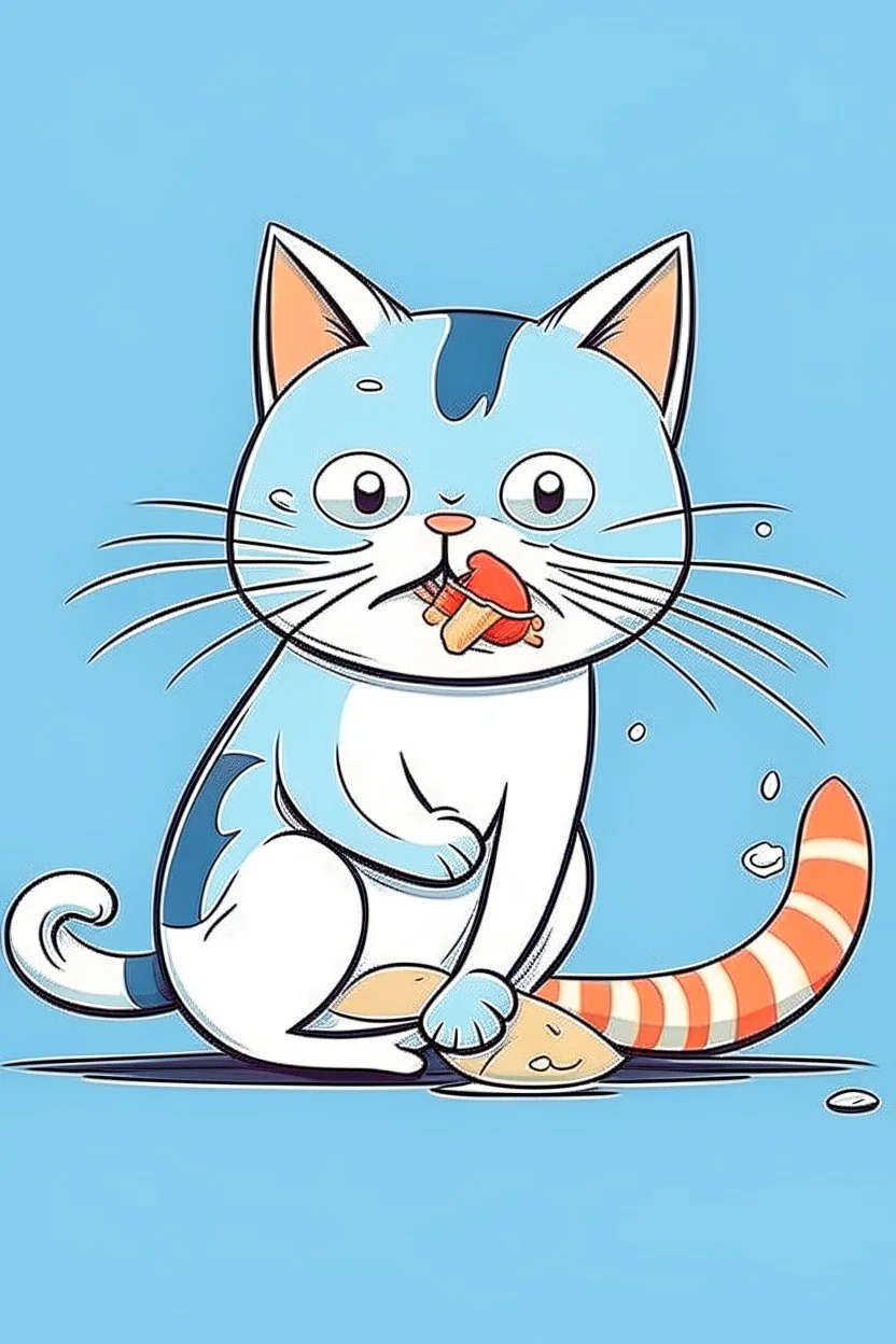 cartoon cat eating a fish. simple thin crisp lines. kids. no shading