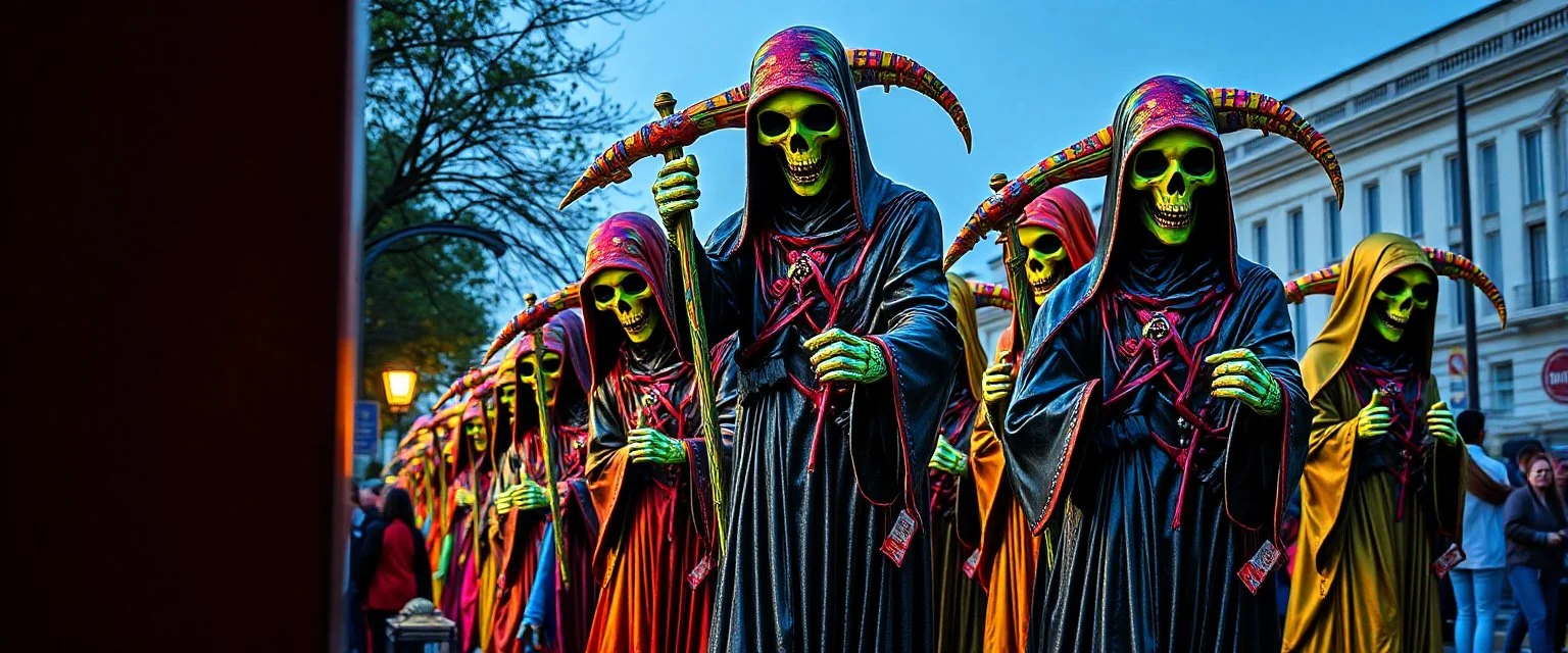 multi colored, bright, vivid, psychedelic, high detailed, high gloss, insanely detailed, matte, horrorcore, lining the street, unsettling contrast, monument to death, grim reaper parade