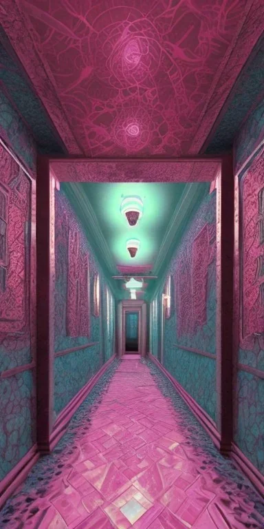 liminal dark hotel hallway flooded pink turquoise