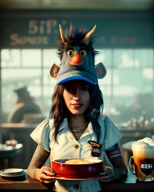 Waist up portrait, hybrid character, waitress British woman with monster muppet mask that covers her entire head, Sesame Street style, retro style, pub, short shirt, tray, beer, old school tattoo, hot, smooth, unreal engine 5, god lights, ray tracing, RTX, lumen lighting, ultra detail, volumetric lighting, 3d.