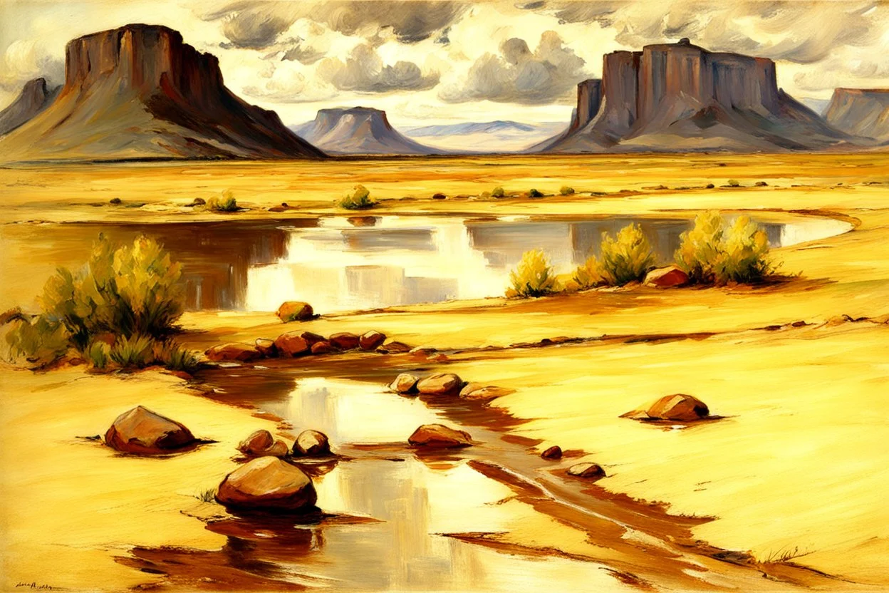 Arid land, clouds, mountains, rocks, puddle, vegetation, max liebermann impressionism painting