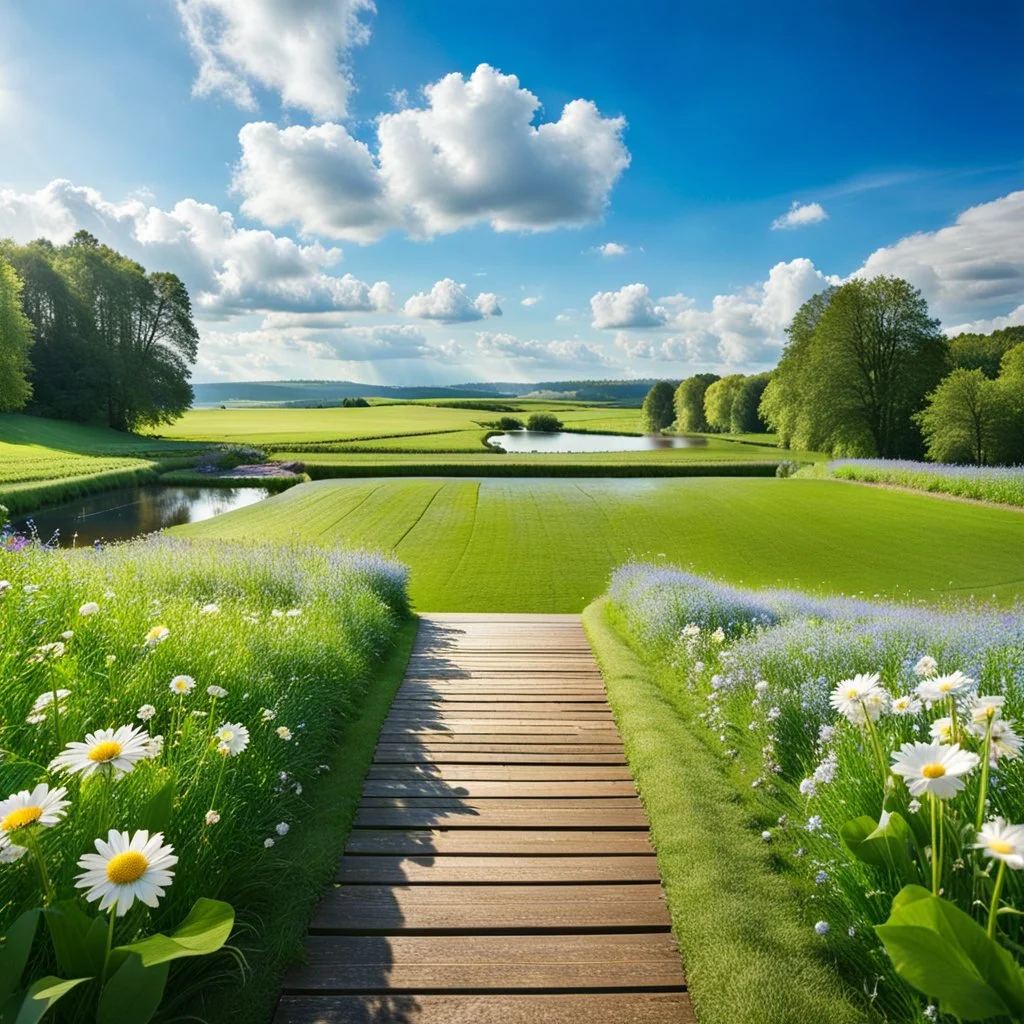 a big dance platform with decor mane in country side in center of picture ,green field ,flowers , small river,blue sky pretty clouds ,camera looking at horison