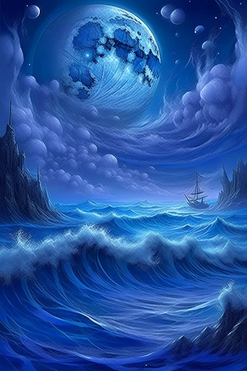 raging sea, blue-white, airy, wind, clouds of smoke, epic, fabulous landscape,3D,horror, 16k,surrealism,detailed drawing of details, transparent watercolor, clear outline, starfall, beautiful night landscape, dark fantasy, blue, white, lilac, neon, detailed, engraving, color illustration, star map, moon, stars, space