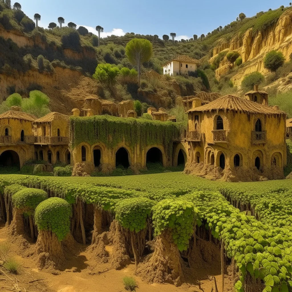 A brown underground mining village covered in vines painted by Antoni Gaudi