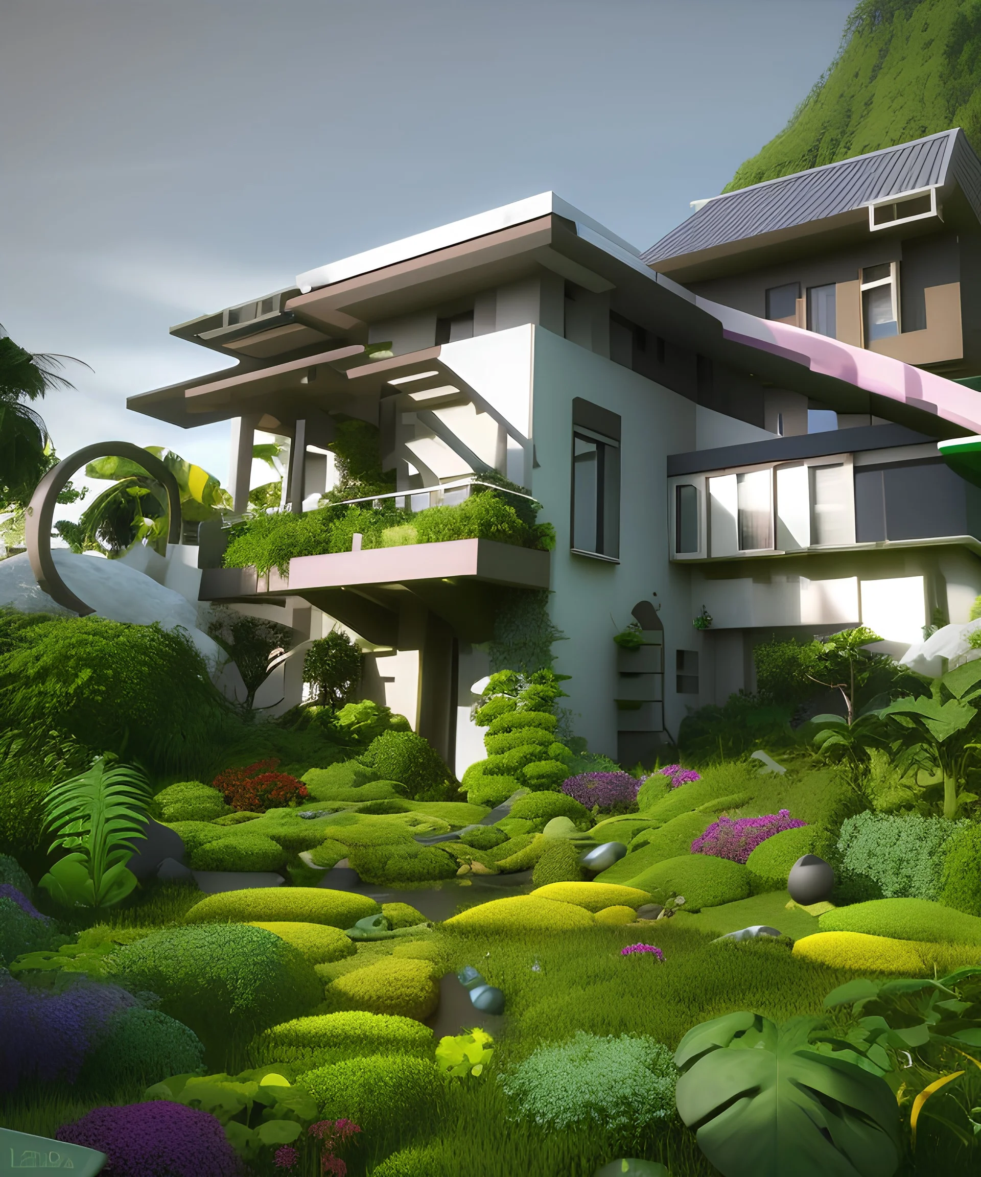 Surreal modern house, lots of greenery and flowers, 8k render