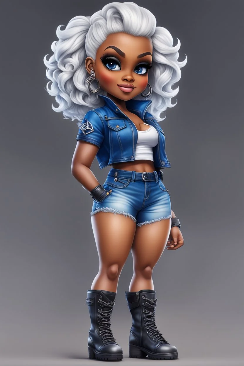 create an airbrush illustration of a chibi cartoon voluptuous black female wearing a blue jean outfit with biker boots. Prominent make up with hazel eyes. Extremely highly detail of a very low platinum blonde pixie haircut. Background of a bike show.