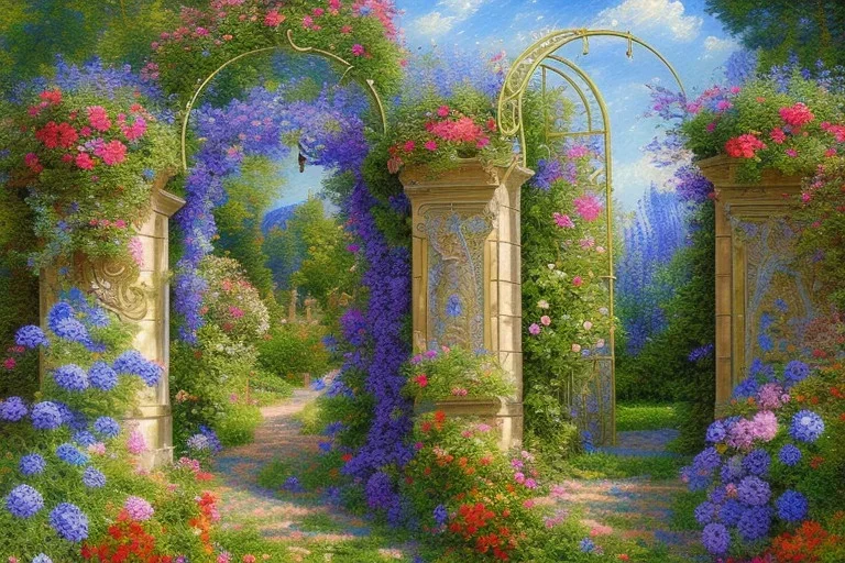 intricate ornate gate, garden, path, flowers, fine detail, high quality, Post-Impressionism,