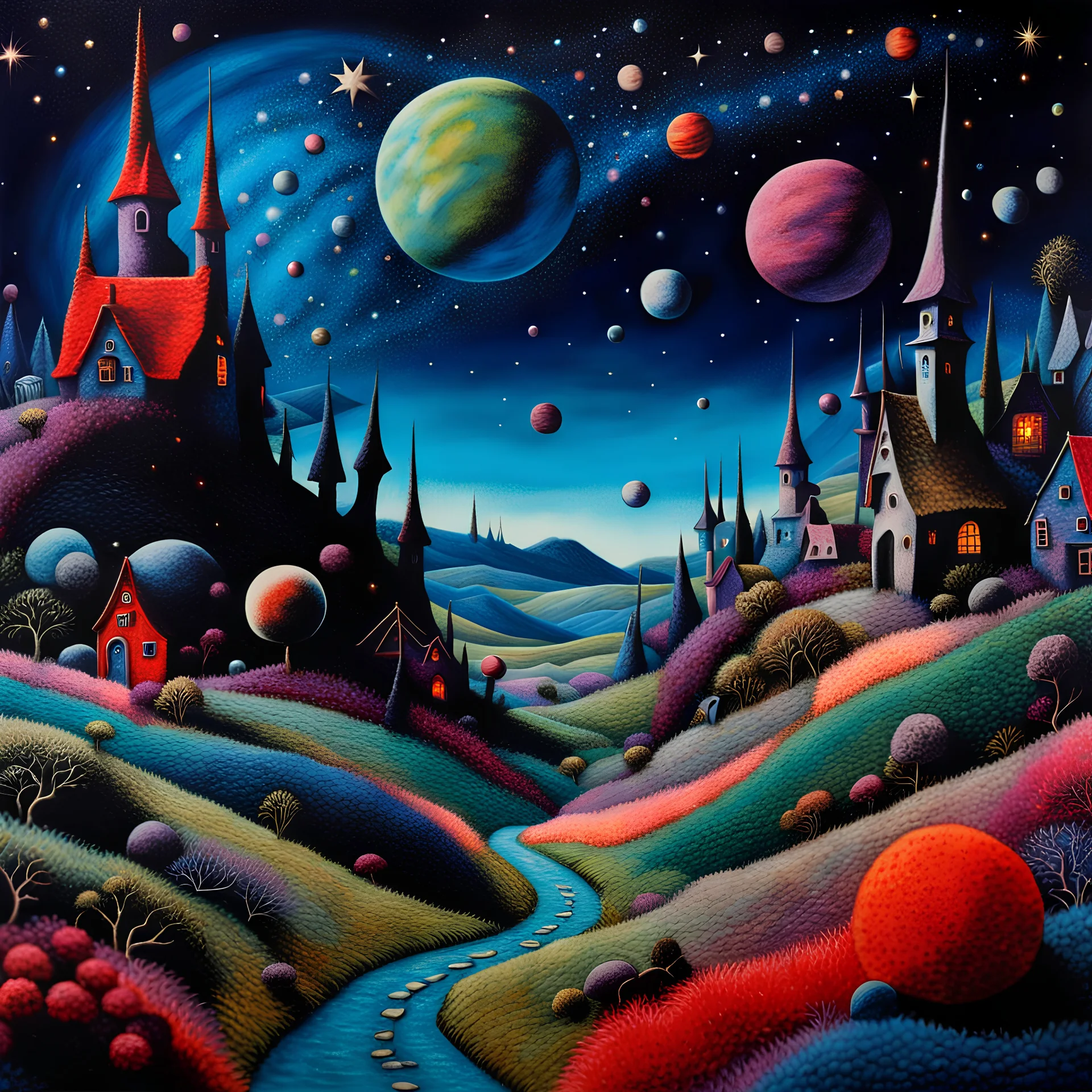 Felt artwork, detailed creepy landscape, village, stars and planets, Roger Dean, naïve, Tim Burton, strong texture, Ernst Haekel, extreme detail, Max Ernst, decal, rich moody colors, sparkles, Yves Tanguy, bokeh, odd