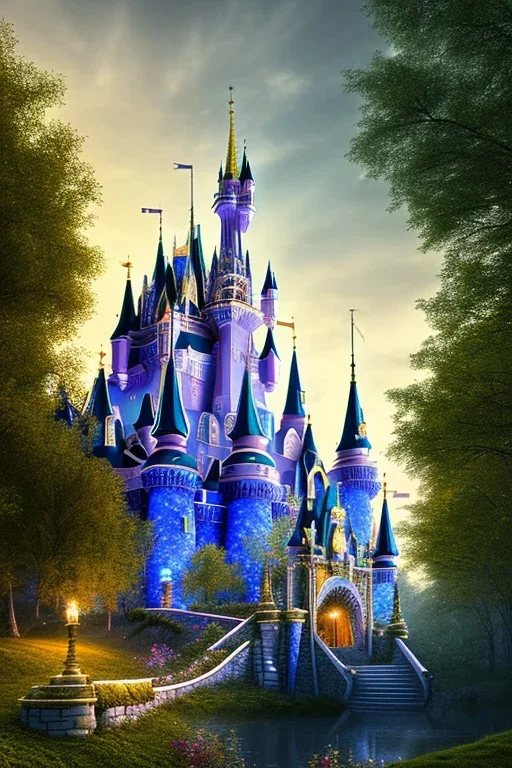 cinderella castle stand on a hill, forest, night, 8k resolution, high-quality, fine-detail, intricate, fantasy art, detailed matte, volumetric lighting, illustration, 3D