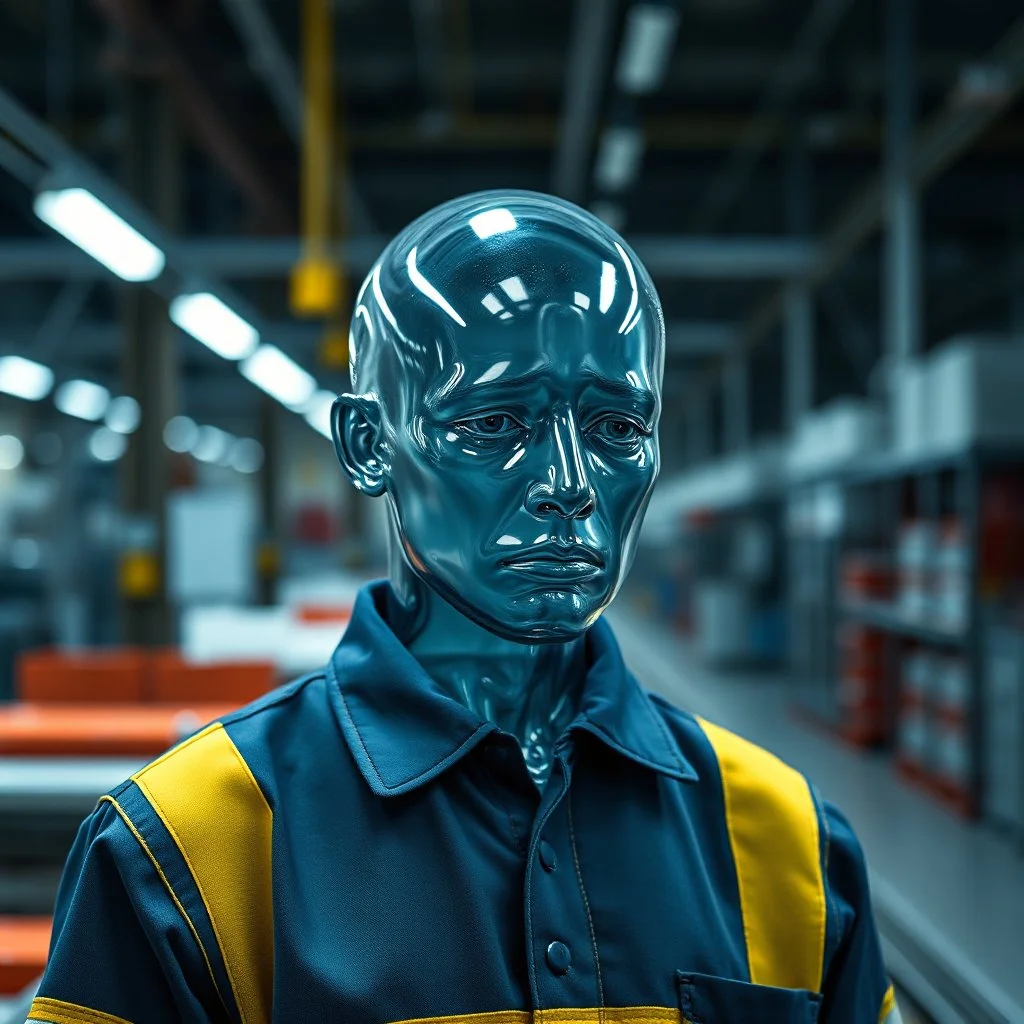 an very sad transparent glas man with dark blue and yellow stripes working clothes, in a factory, nobody cares about the empty glas man, that is why he is so sad :( , he had worked 30 years in the factory and never had a salary increase, tears in his eyes, the working man is transparent, everyone see through him, he is nearly invisible