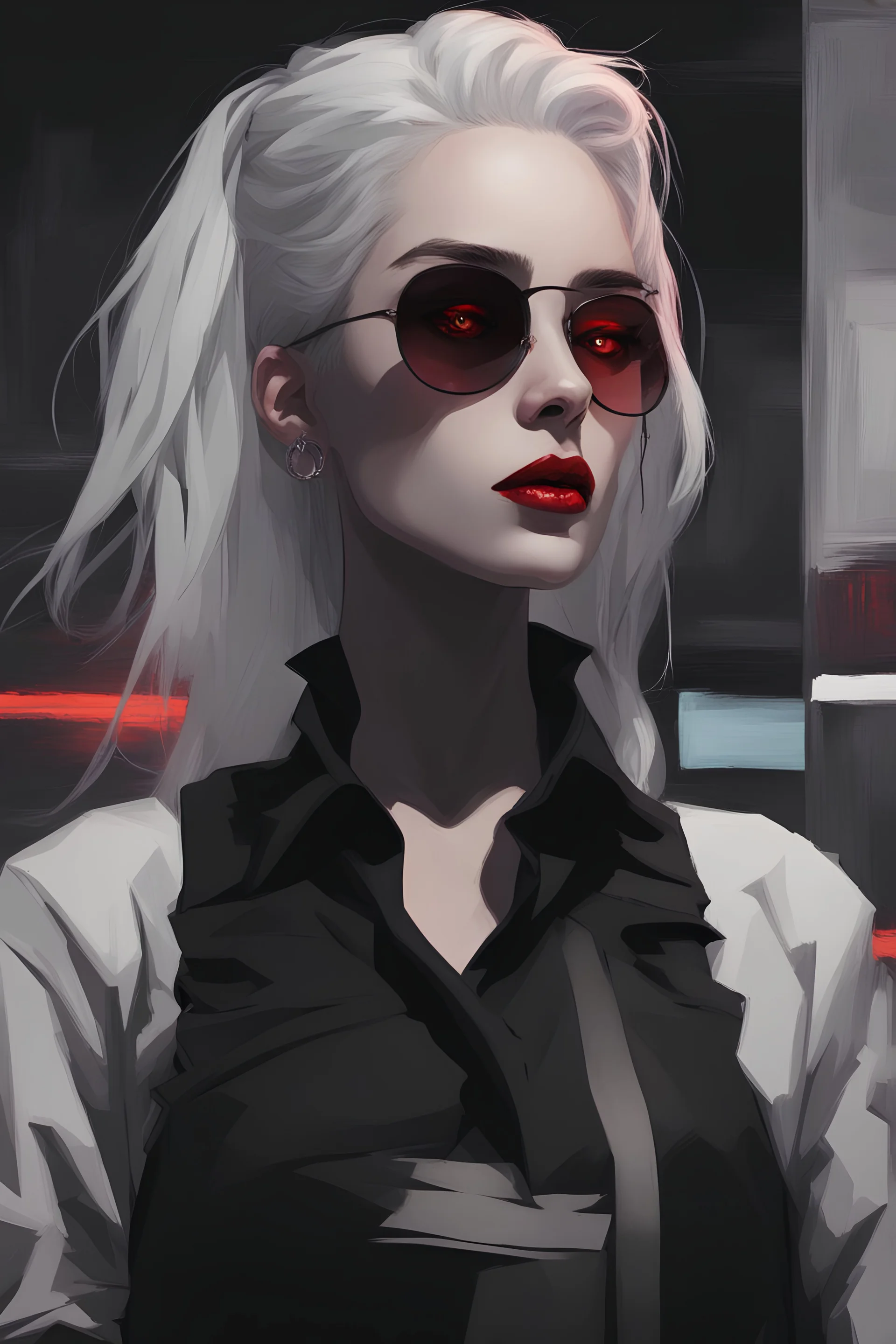 The style is an oil painting. Dark palette. A young girl. White hair. Neon hair. Red eyes. Black lipstick. Black makeup. Waist-high. Black shirt. An angry look.