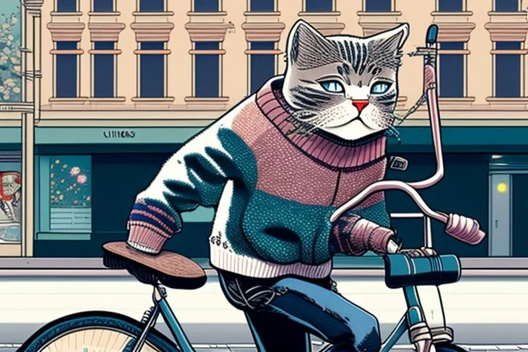 One single cat wearing jeans and sweater, riding on a bike in Vienna, perfect iris, manga style, cute