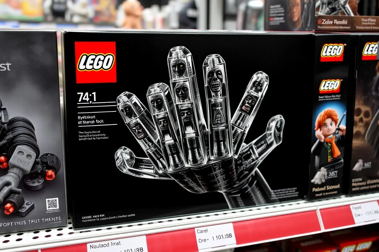 Lego box on display at a toy store shelf, LEGO™️ box labeled "BEKSINSKI", image on box is a nihilistic six fingered hand made out of Lego blocks with nightmarish faces on the fingertips, sinister, pronounced clear LEGO block raised pip textures on all surfaces, unsettling juxtaposition of lego fun and Zdzislaw Beksinski's nightmare surreal art
