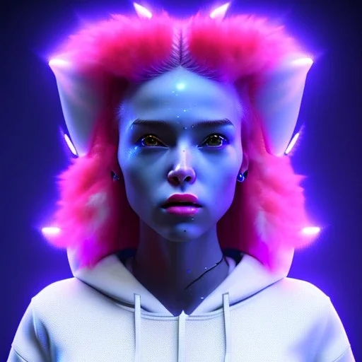 Pretty Us woman, rounded face, bubble gum, white stars, blonde, blue, red lines, hoodie, feathers, retro, latex, leather, soft color, highly detailed, art stations, concept art, smooth, unreal engine 5, god rays, ray tracing, RTX, lumen lighting, ultra detail, volumetric lighting, 3d, finely drawn, high definition, high resolution, neon background.