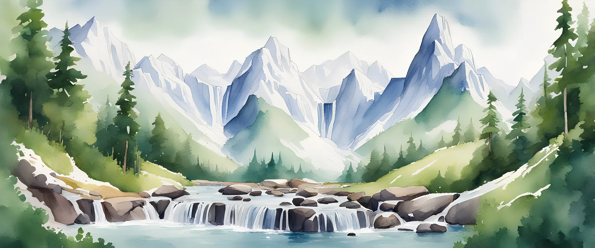 Illustrate a breathtaking landscape featuring towering snow-capped mountains, lush green valleys, and cascading waterfalls, linear, watercolour