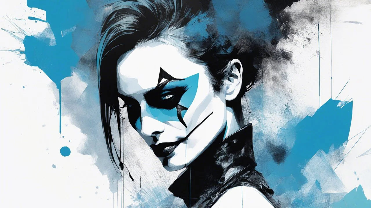 aesthetic, painterly style, modern ink, joker, black and blue, sensual, sultry, dark blouse, expressive pose, urbanpunk, abstract texture multilayer background, neo-expressionist , Russ Mills, Ian Miller