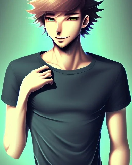 A skinny and relatively tall guy with wild curly blond hair, smiling with teeth and wearing black skinny jeans and a t-shirt. anime style