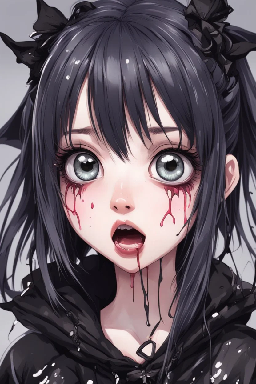 Closeup anime Girl goth with big eyes, fullbody, ragged clothes, slime, the perspective looking down, rolling eyes, tongue out, saliva drip, open mouth,