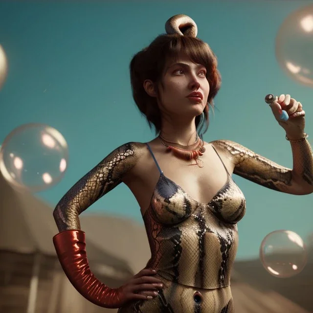 Ultra realistic circus scene. Classic snake woman, waist up view, Wes Anderson style, happy, bubbles, highly detailed, concept art, unreal engine 5, god rays, ray tracing, RTX, lumen lighting, ultra detail, volumetric lighting, 3d, finely drawn, high definition, high resolution.