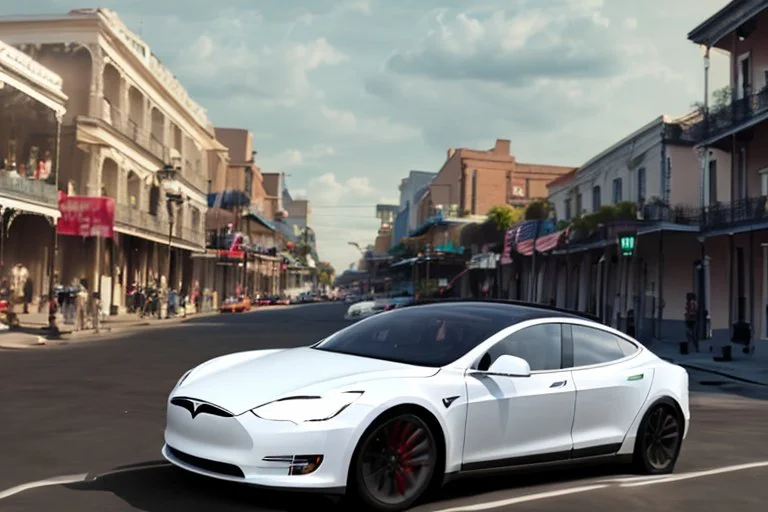 A Tesla 'Model S' is racing at top speed, on the streets of New Orleans. (CINEMATIC, WIDE ANGLE LENS, PHOTO REAL)