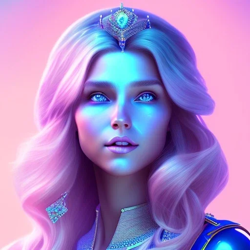 A portrait of a full body crystalised blue pink queen,smiling face, blue eyes, long blond hair, atmospheric, realistic, unreal engine, lighting