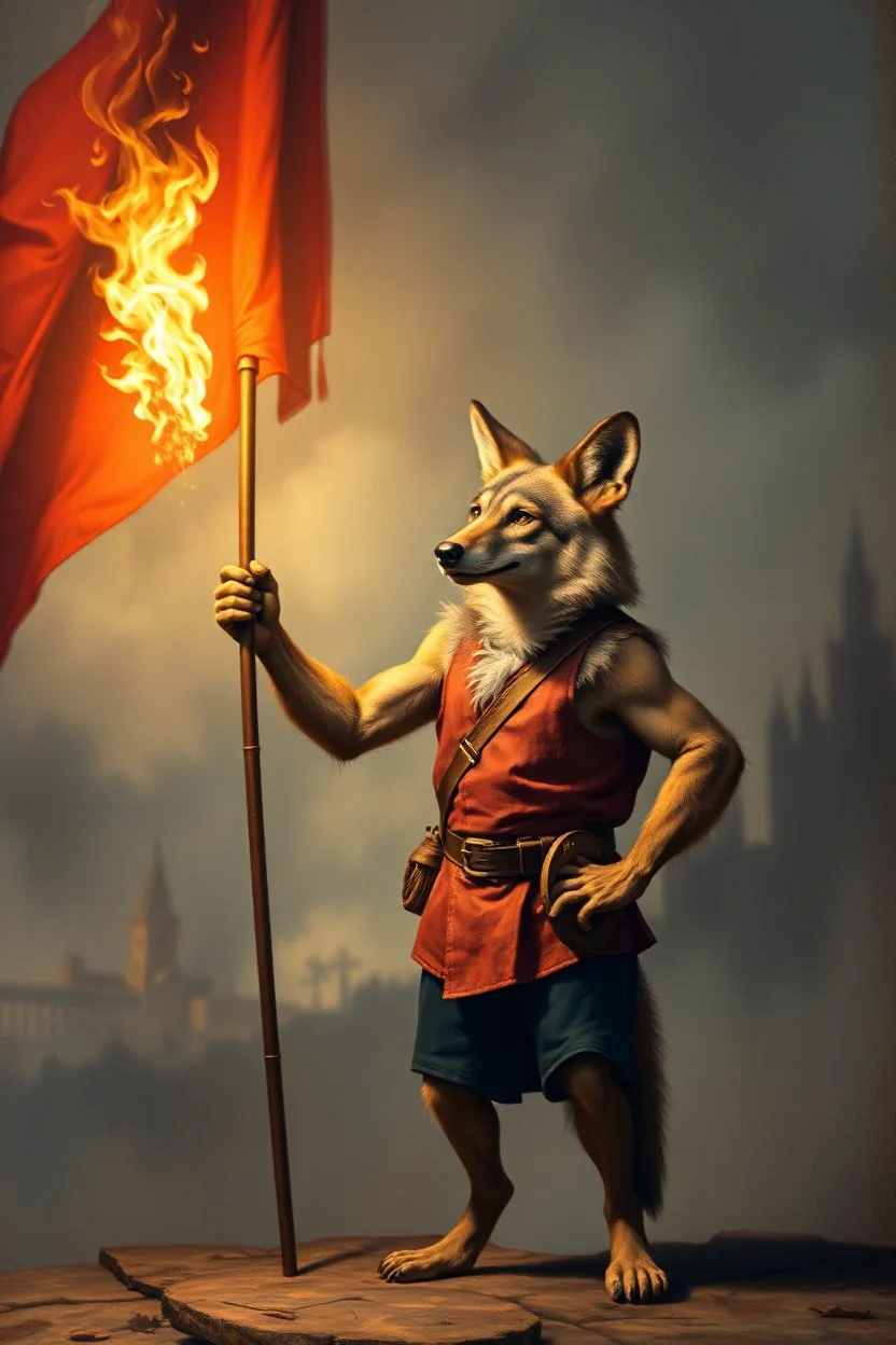 aardwolf man pantomime holding torch to flag, painting by Rembrandt, with motion blur city background, and volume light fog with sunlight rays