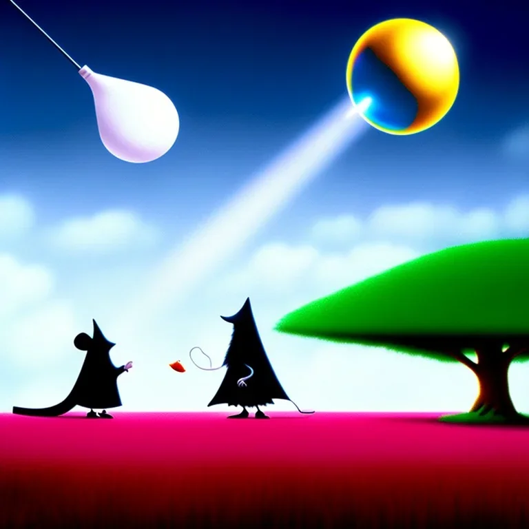 The mouse and the grim reaper discussing the future of the universe on bubble world, art by Pixar and Magritte