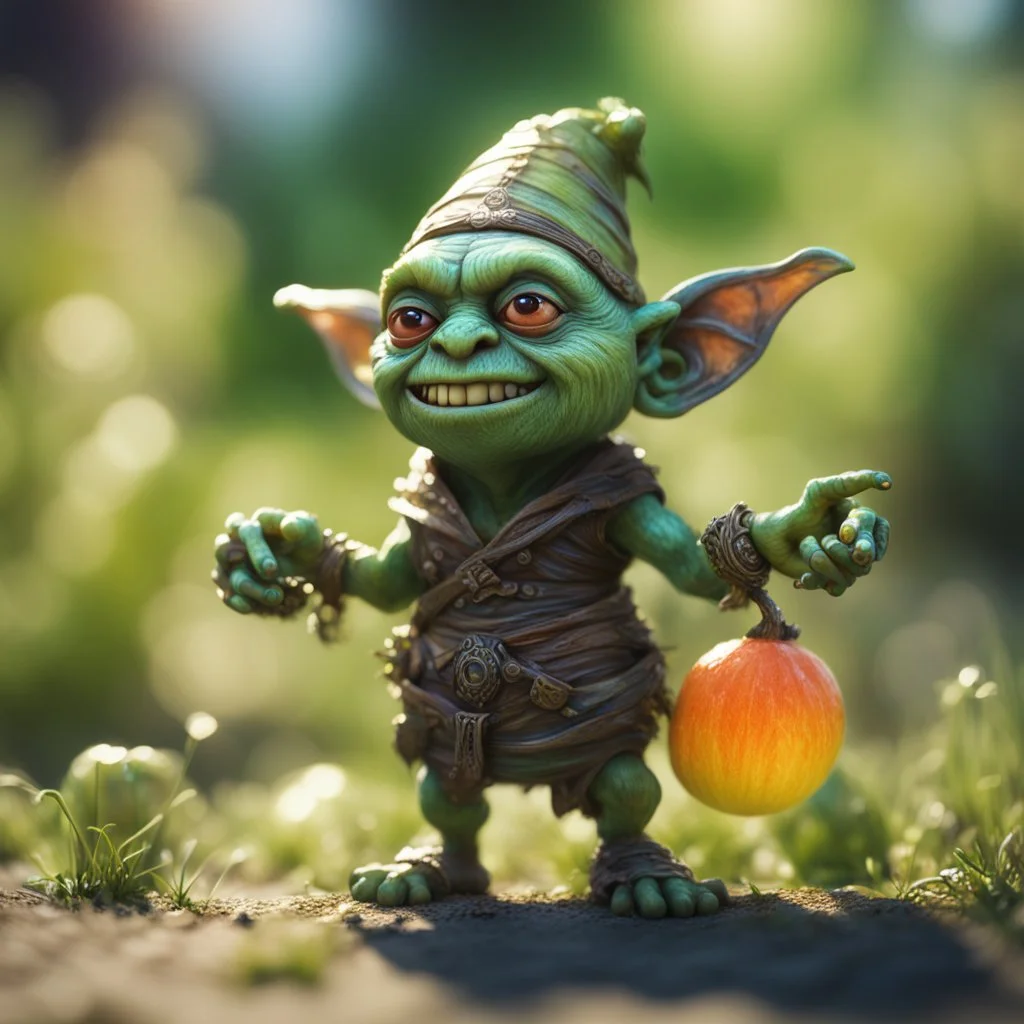 electric mummy gremlin t-pose upper body of gnome goblin orc made from tinted murano glass in long grass inspecting a melon ,bokeh like f/0.8, tilt-shift lens 8k, high detail, smooth render, down-light, unreal engine,bokeh like f/0.8, tilt-shift lens 8k, high detail, smooth render, down-light, unreal engine