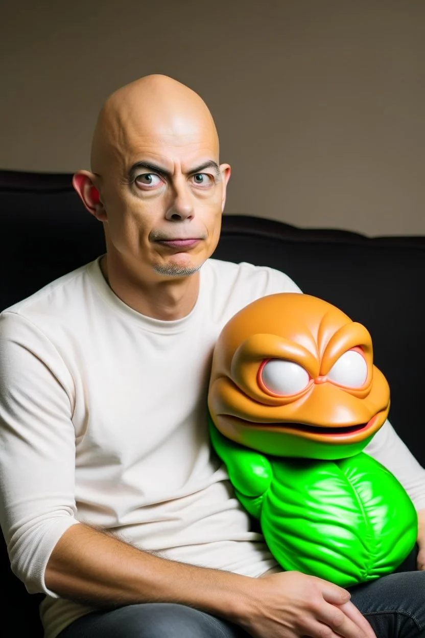 bald man with inflatable pepe downgrade