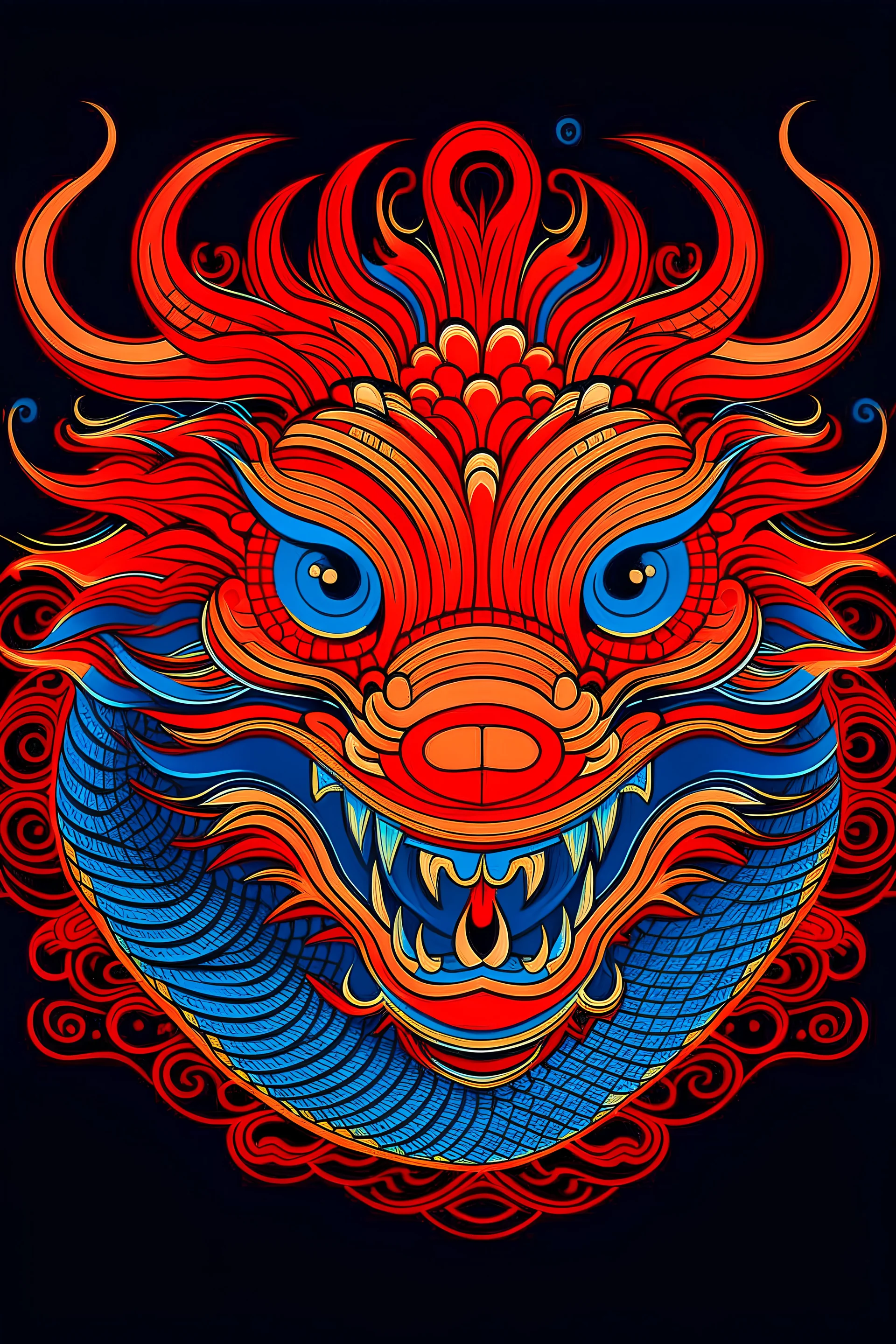 The elements of radio waves are used to form a simple line pattern of a Chinese dragon head in the Pop style. The overall image is a front view and the colours are mainly red, blue and orange.
