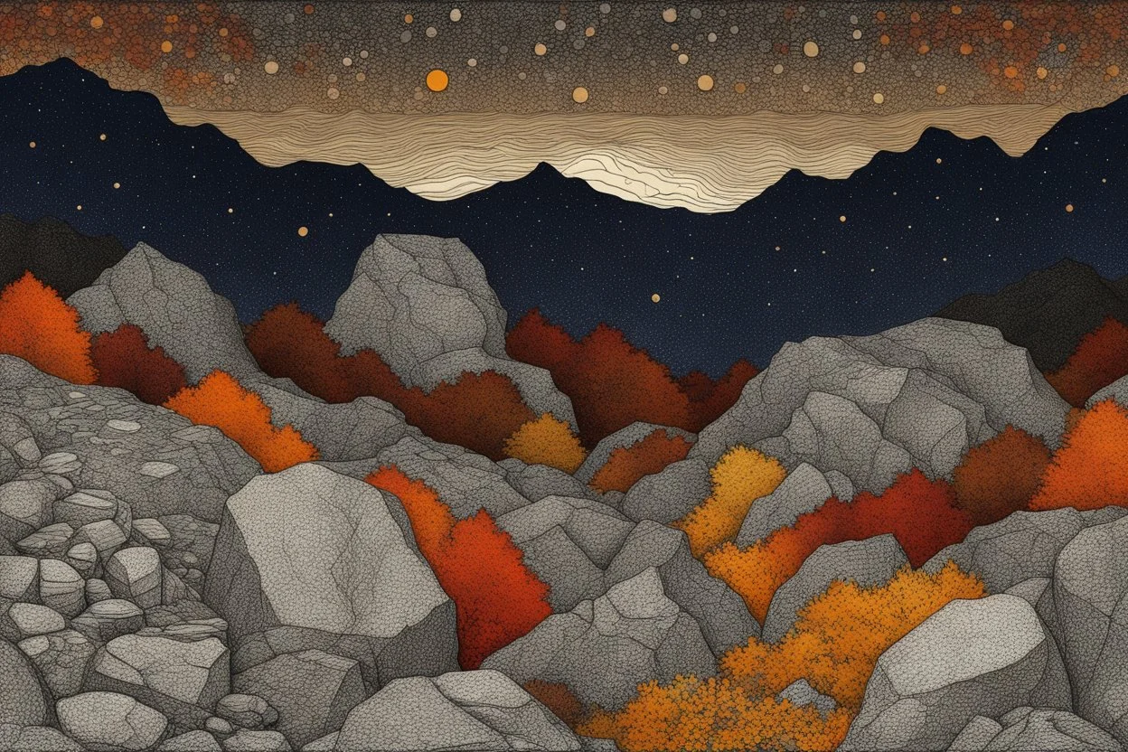 Autumn colors, peaceful, Egon Schiele, Max Ernst, Vincent Van Gogh, silver rust gradient, night sky filled with galaxies and stars, rocks, trees, flowers, one-line drawing, sharp focus, 8k, deep 3d field, intricate, ornate