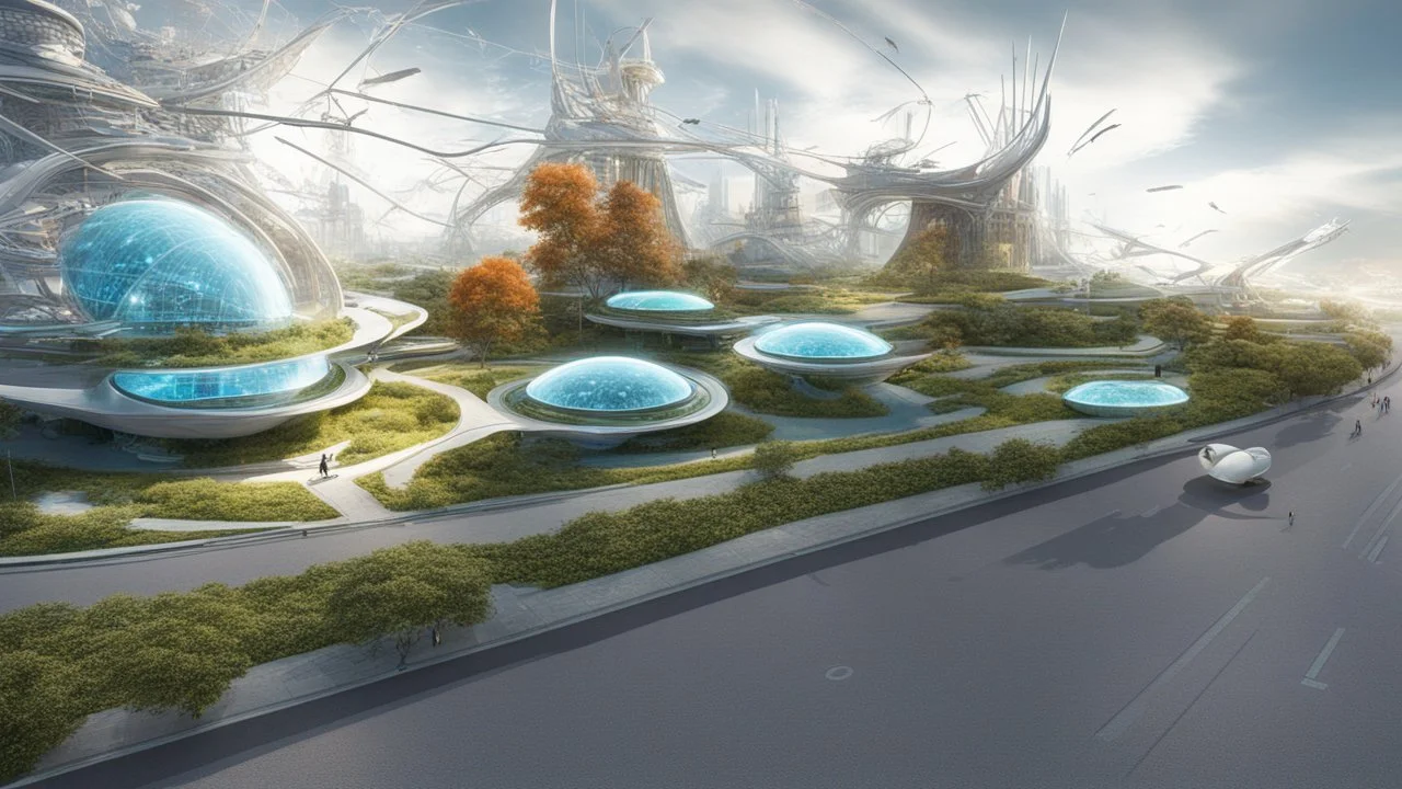 город будущего 2050, сказка, сияние, абстракция, вид с высоты птичьего полета,