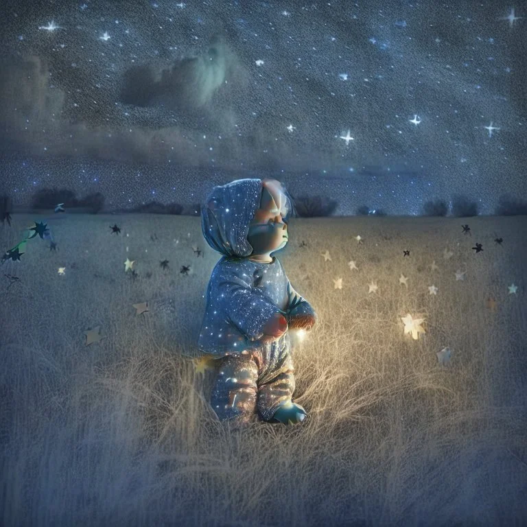 toddler in pyjamas with teddy bear in a field at night with lots of stars, looking at an apparition in the sky