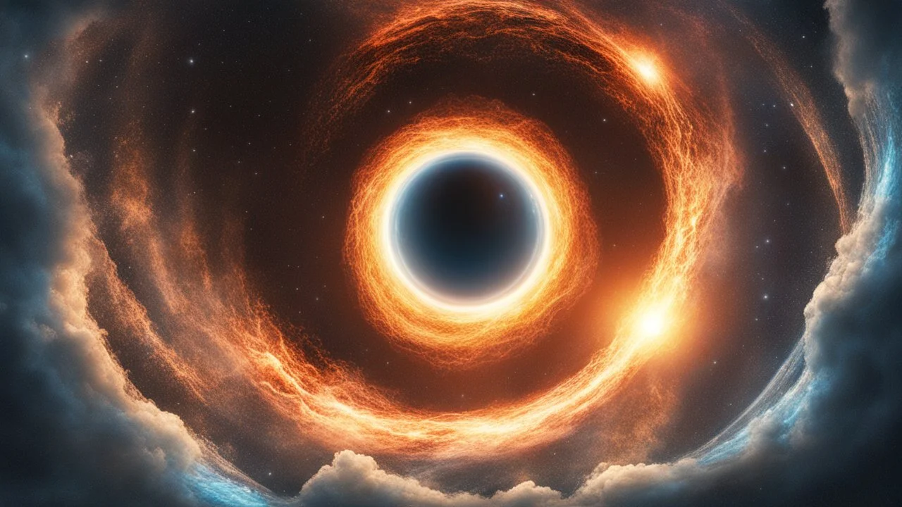 photorealistic Tlahuicole opalescent space gigantic monster, interstellar galactic particles stream event horizon, entering a quantum wormhole with great exoplanet crashing, blackhole