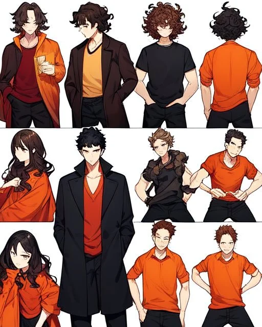 Anime manga style, Black boy with dark brown curly hair, wearing red and orange clothes and black jeans, always with one hand in his pocket, looking a little irritated