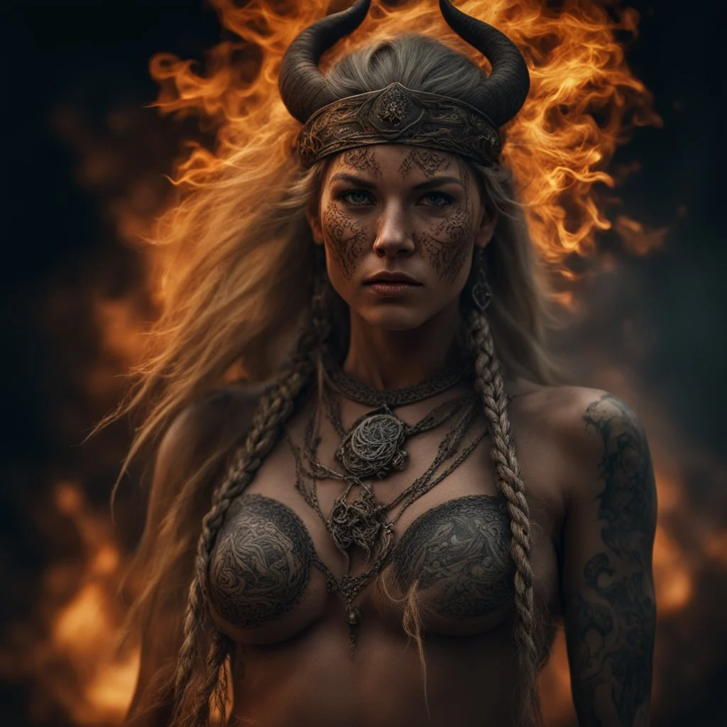 Behold the powerful alluring and pretty Viking shaman woman, her body adorned with mystical tattoos, swaying to the rhythm of the flames. intricate details, HDR, beautifully shot, hyperrealistic, sharp focus, 64 megapixels, perfect composition, high contrast, cinematic, atmospheric, moody