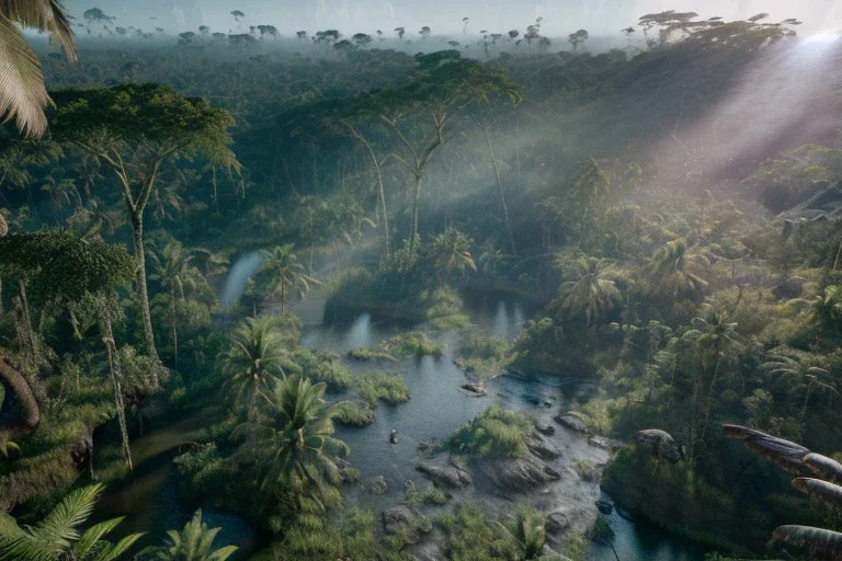 Extreme long shot, Birds Eye view, jungle skyline, smooth, god rays, unreal engine 5, ray tracing, RTX, lumen lighting, ultra detail, volumetric lighting