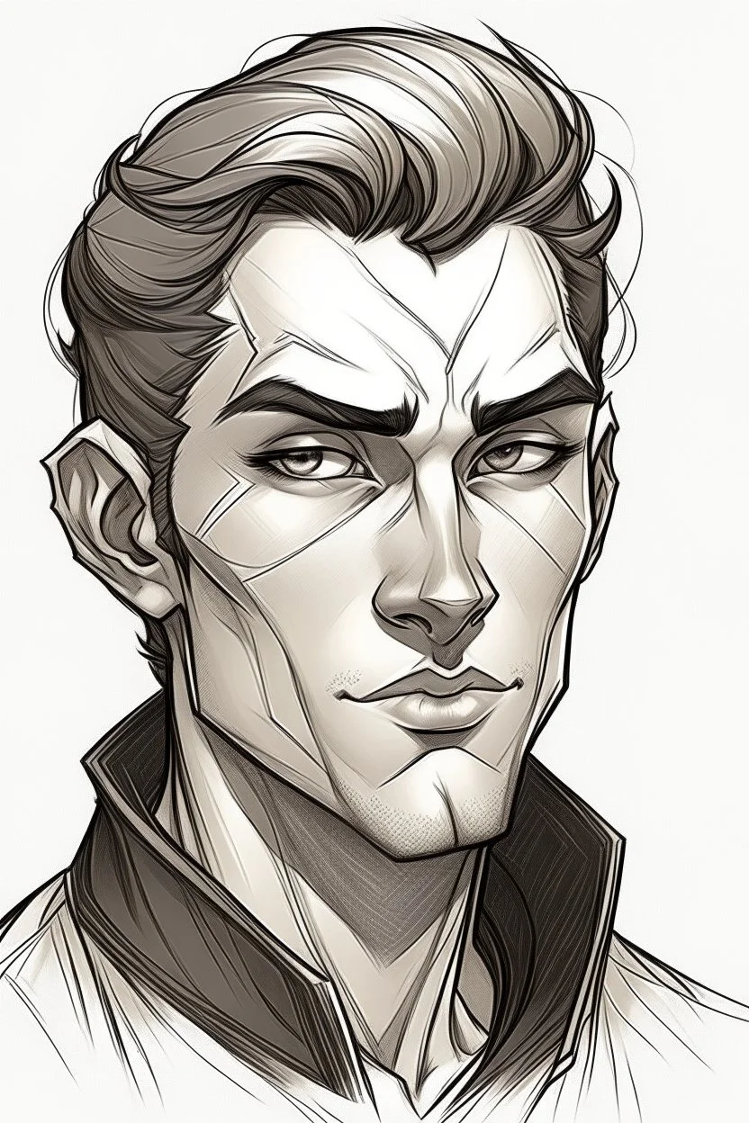 Portrait of male half-elf with short hair, Frank Cho style