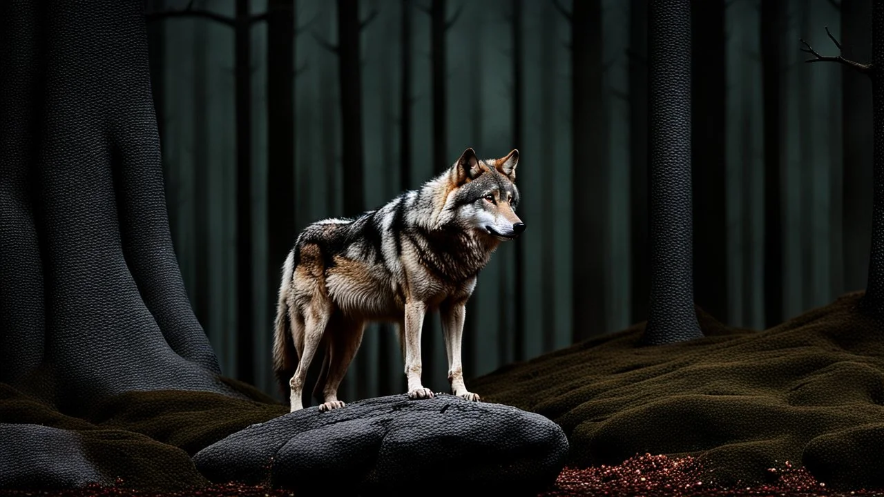 wolf on a rock next to forest